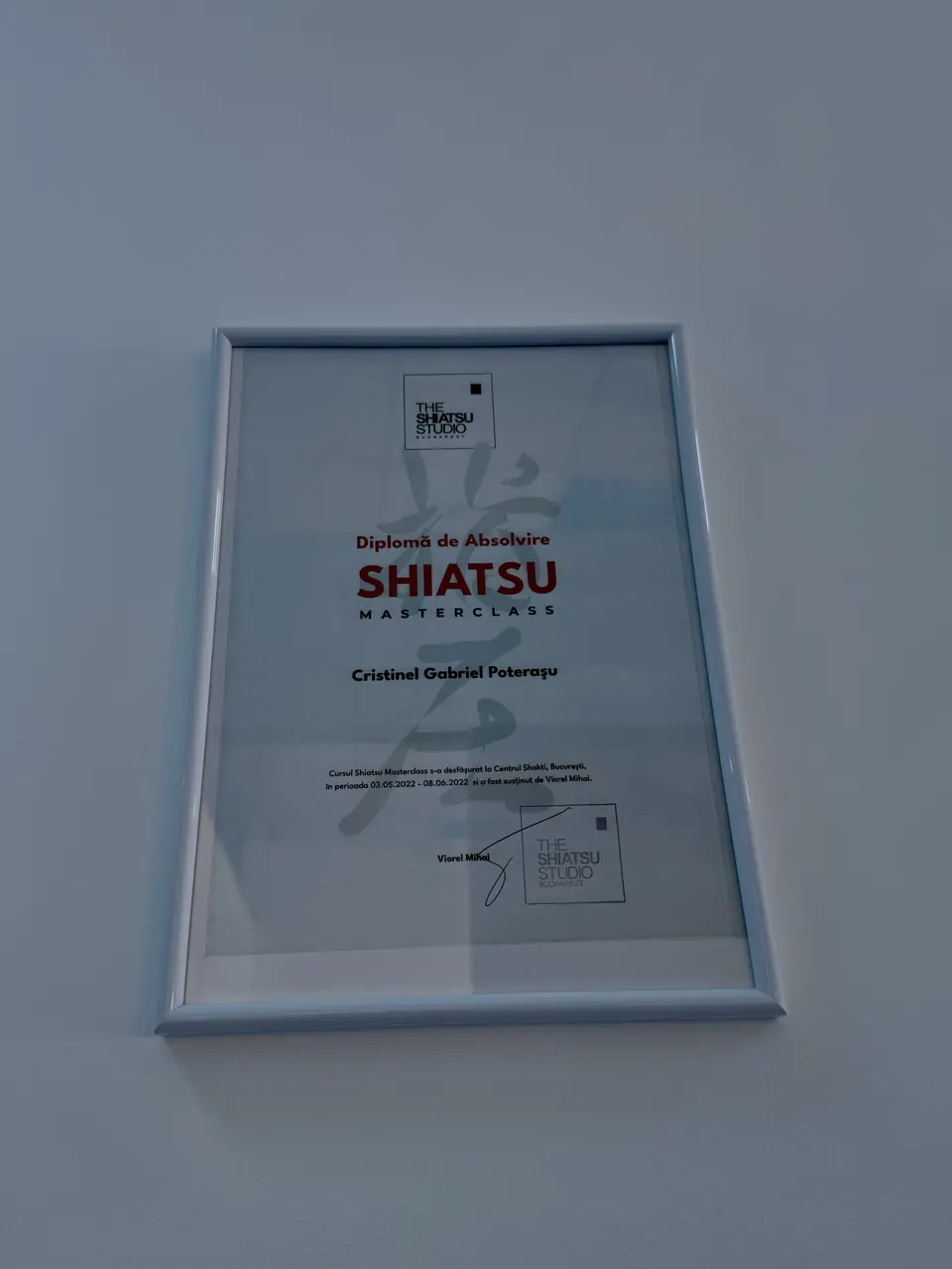 Certificat Shiatsu Gabriel Poterașu kinetoterapeut Motion Clinic