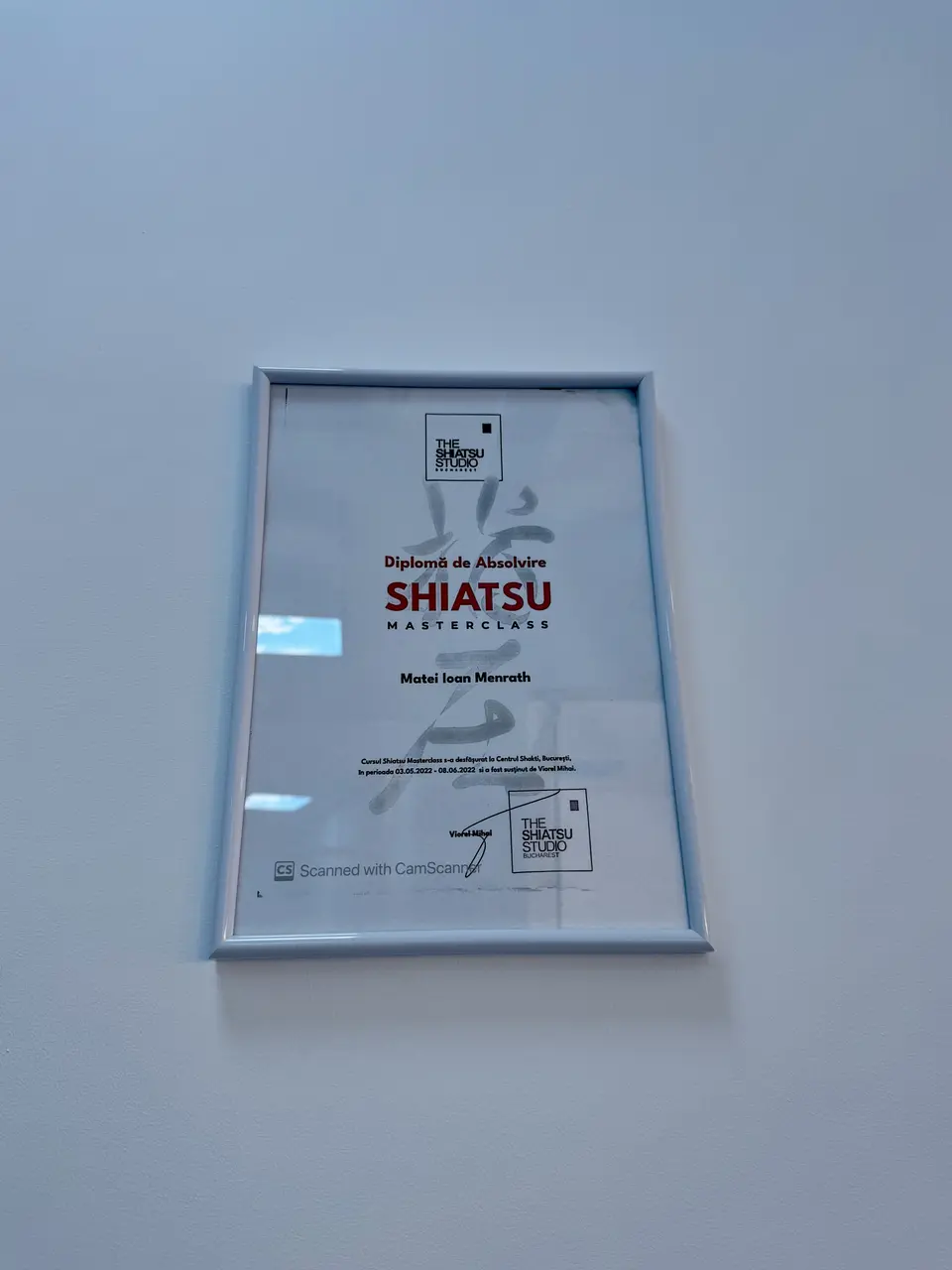 Certificat Shiatsu Matei Menrath kinetoterapeut Motion Clinic
