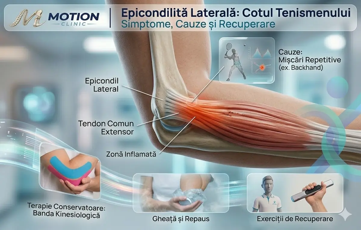 Infografic epicondilită laterală — anatomie cot, simptome, cauze și recuperare conservatoare, Motion Clinic Snagov Plaza, Ilfov.