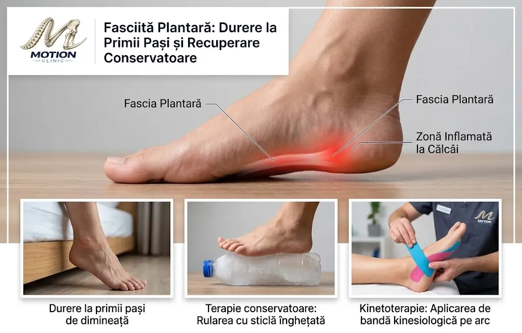 Infografic fasciită plantară — anatomie talpă, simptome la primii pași, cauze și recuperare conservatoare, Motion Clinic Snagov Plaza, Ilfov.