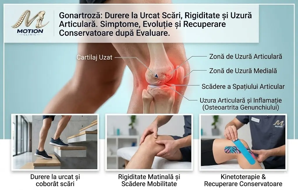 Infografic gonartroză — anatomie genunchi, durere la urcat scări, rigiditate matinală și recuperare conservatoare, Motion Clinic Snagov Plaza, Ilfov.