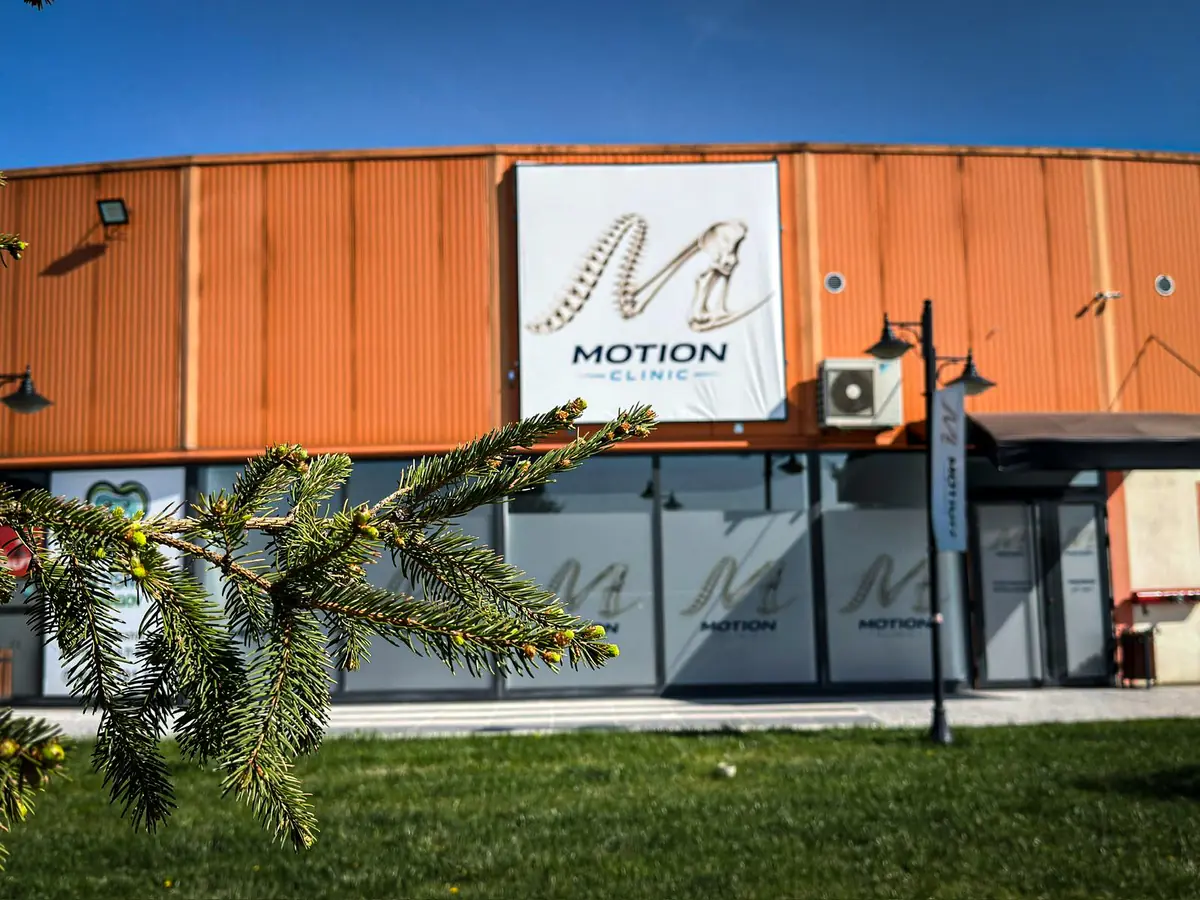 Exterior Motion Clinic cu ramură de conifer în prim-plan — panou logo, vitrine și cer albastru; acces pietonal Snagov Plaza.