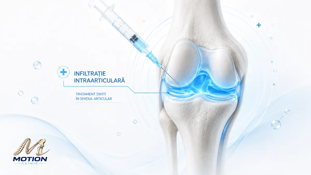 Infiltrație intraarticulară la genunchi — ilustrație anatomică cu traiectoria administrării; Motion Clinic.