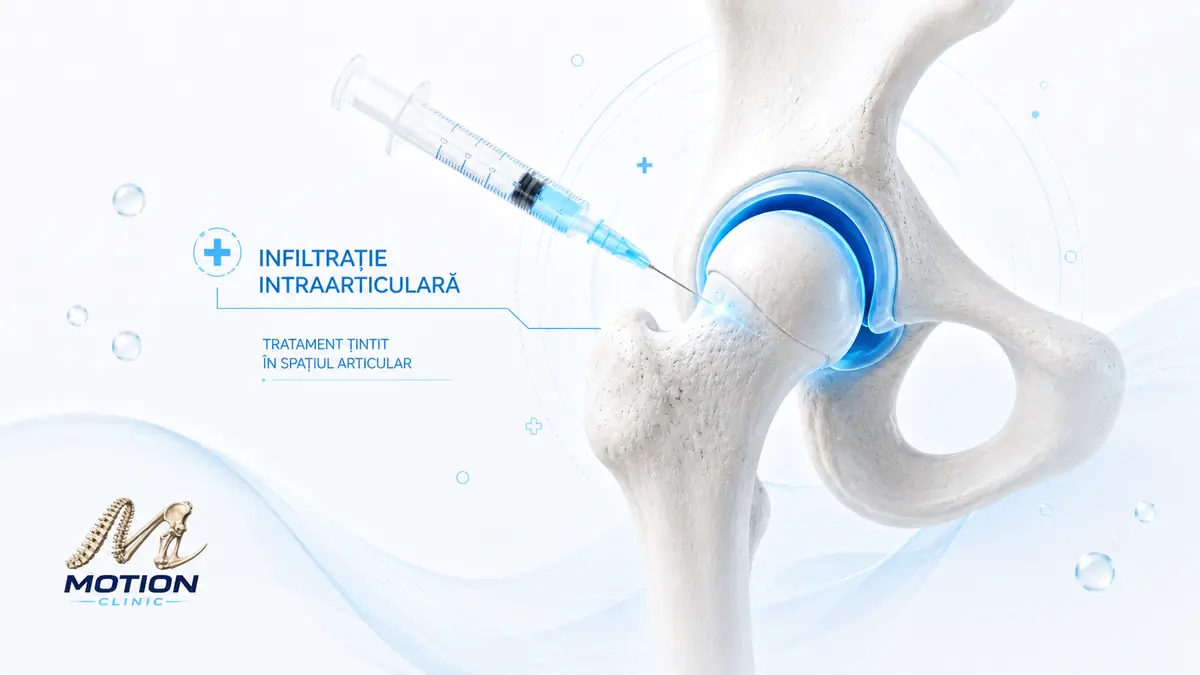 Infiltrație intraarticulară la șold — ilustrație a articulației coxofemurale și a zonei țintă; Motion Clinic.