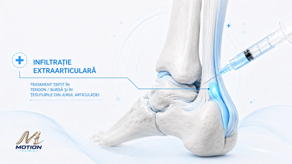 Infiltrație extraarticulară la nivel tendinos — ilustrație cu structuri periarticulare; Motion Clinic.