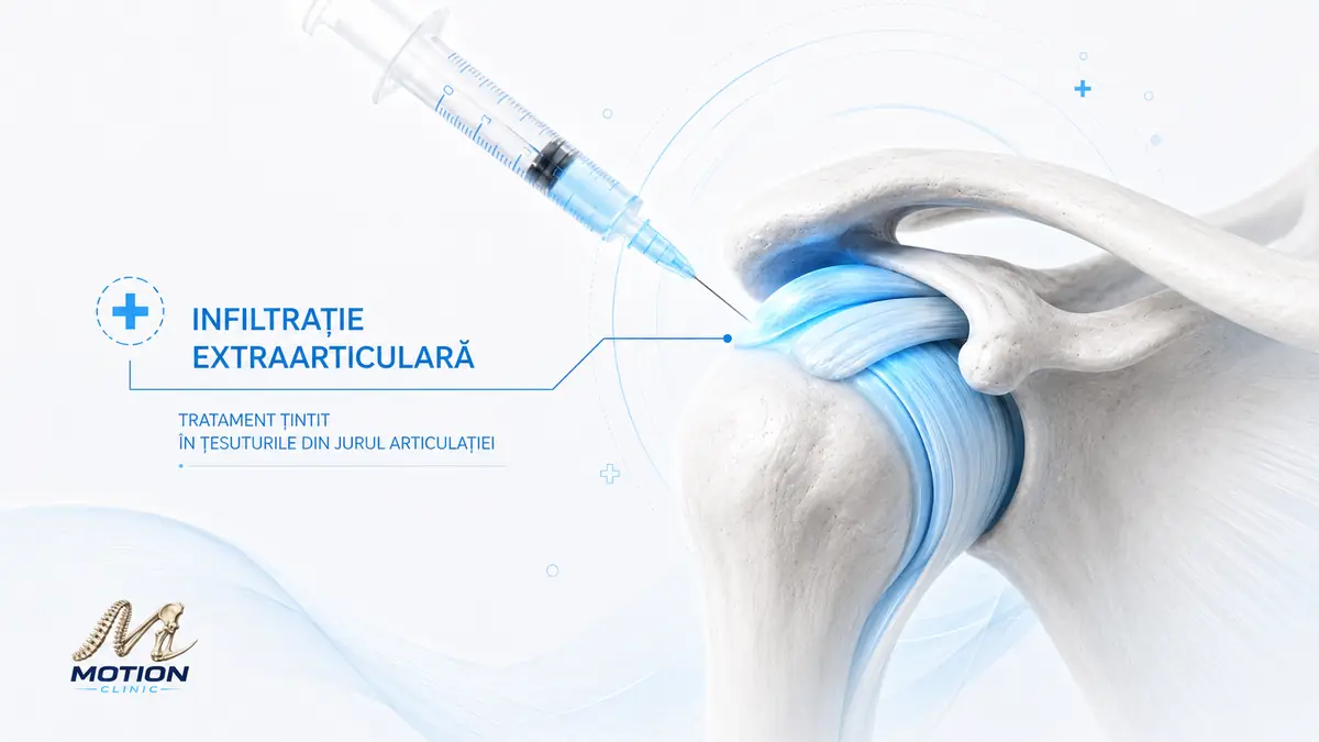 Infiltrație extraarticulară la umăr — ilustrație cu articulația scapulo-humerală și țesuturile periarticulare; Motion Clinic.
